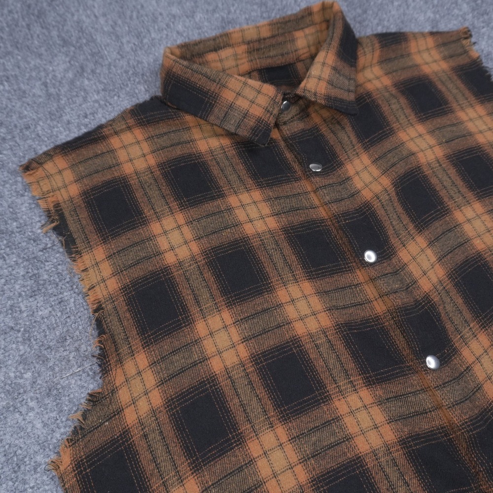 Unbranded Sleeveless Flannel Shirt Mens Large Khaki Black Plaid Frayed Snap Up